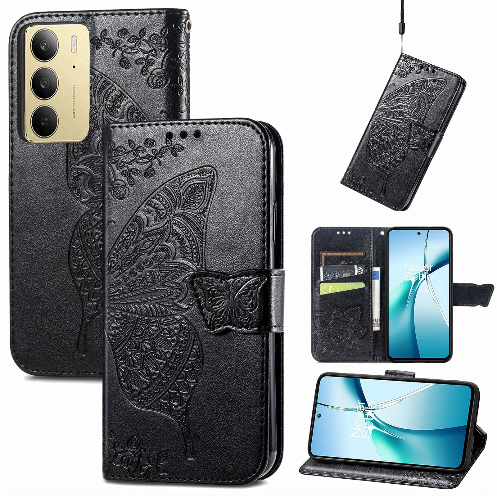 

Для Realme C75 Чохол зі шнурком Візерунок метелика Шкіряний гаманець Чохол для телефону Black