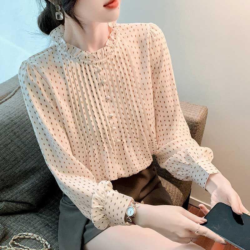 Women S Loose Fit Long Sleeve Polka Dot Chiffon Blouse