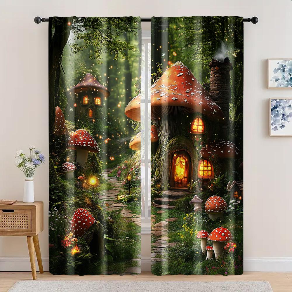2pc, Drapes Forest Mushroom Wonderland Versatile Polyester Fabric,Without Electricity Party Decorations Use for Indoor