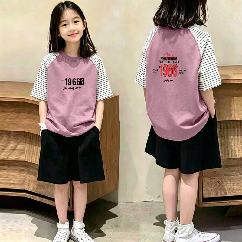 Girls' Cotton Striped Patchwork Short-Sleeve Two-Piece T-Shirt Set for Summer