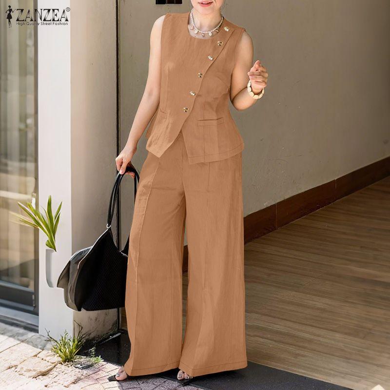 ZANZEA Dame Ermeløse Vesttopper og Bukser Sommer Todelt Draksett