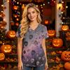 Women's V-Neck Short Sleeve Scrub Top with Pockets Halloween Print Caregiver Uniform
