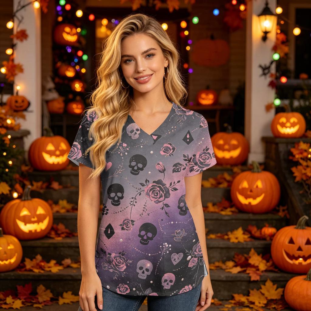 Women's V-Neck Short Sleeve Scrub Top with Pockets Halloween Print Caregiver Uniform