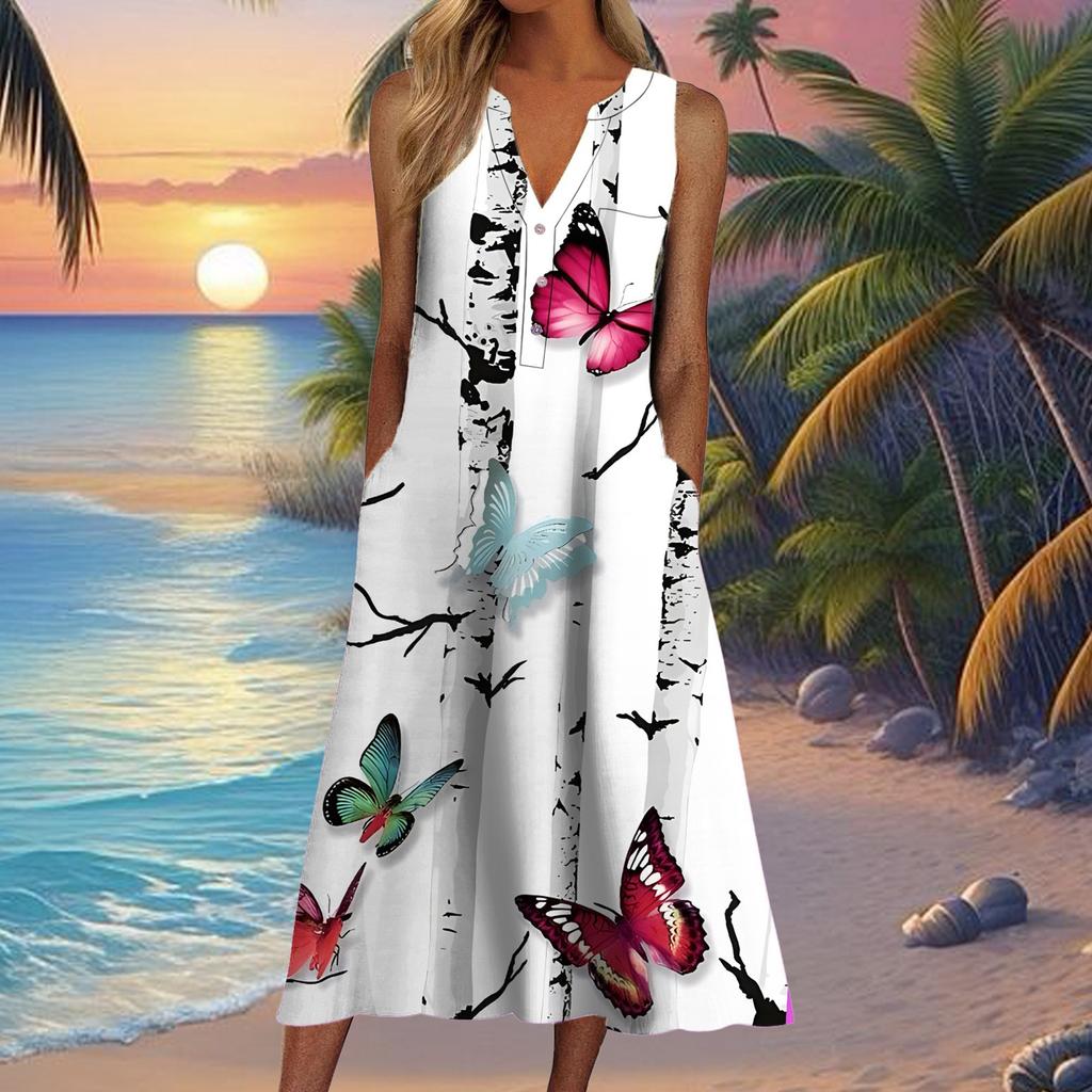 European and American summer new women's clothing, fashionable pocket V-neck striped sleeveless casual dress