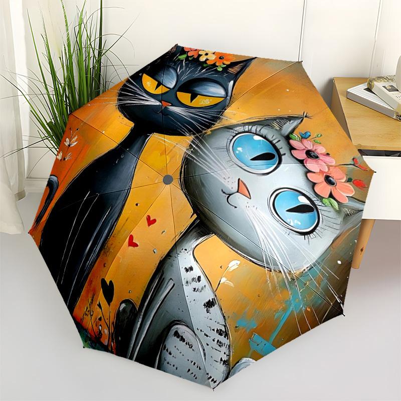 1pc Cat Lovers Feline Friendship Automatic Folding Umbrella - Compact 8-Rib Design, Durable Plastic & Iron, Daily Use Z1230079