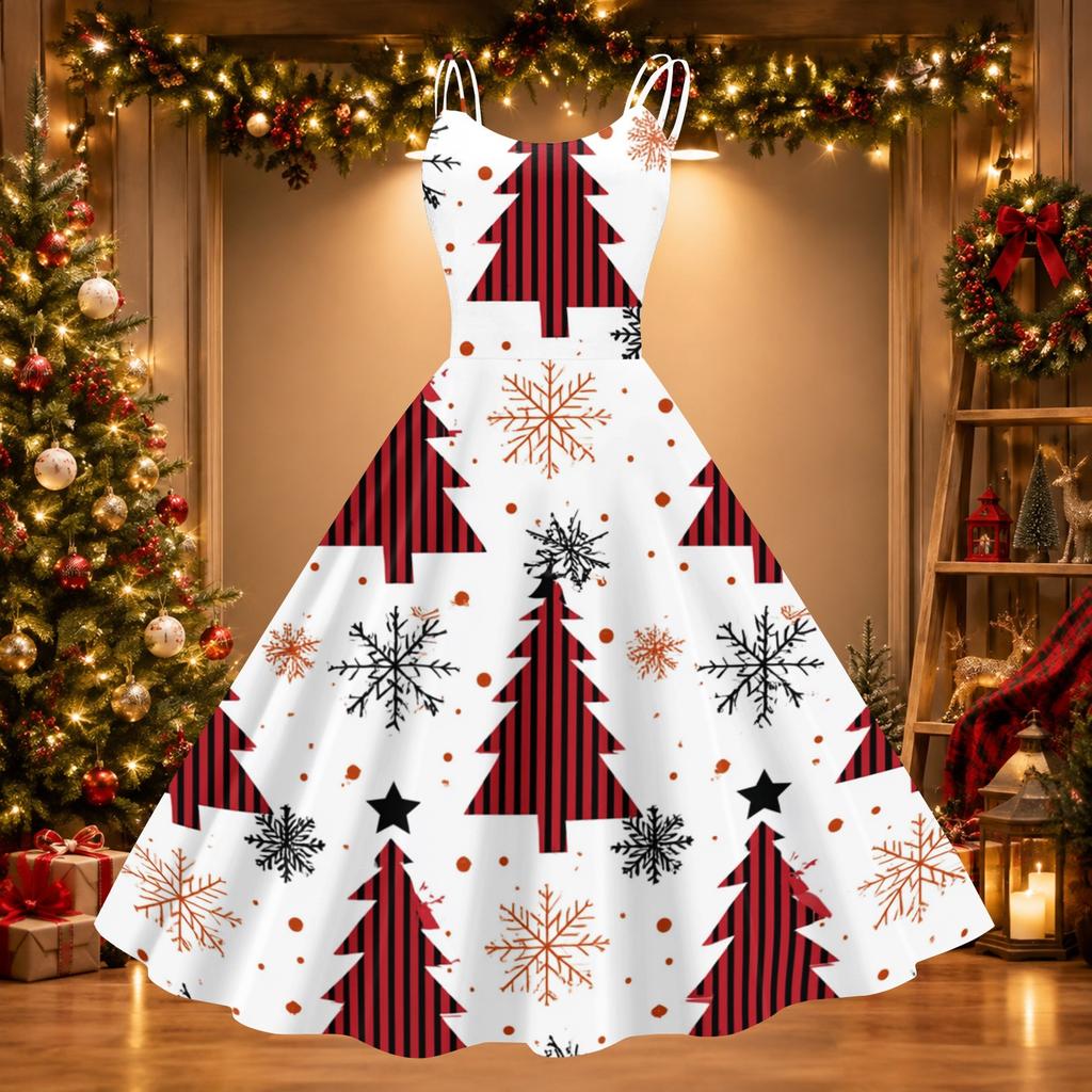 Women's Sexy Off-Shoulder Vintage Christmas Print Dress for Holiday Party
