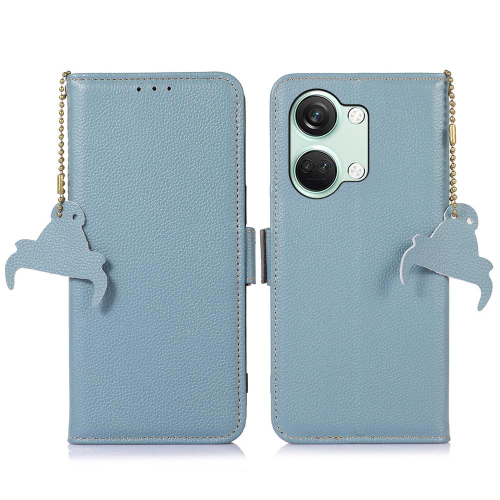 

RFID Blocking Phone Case for OnePlus Nord 3 5G/Ace 2V,Genuine Cow Leather Stand Wallet Cover Blue