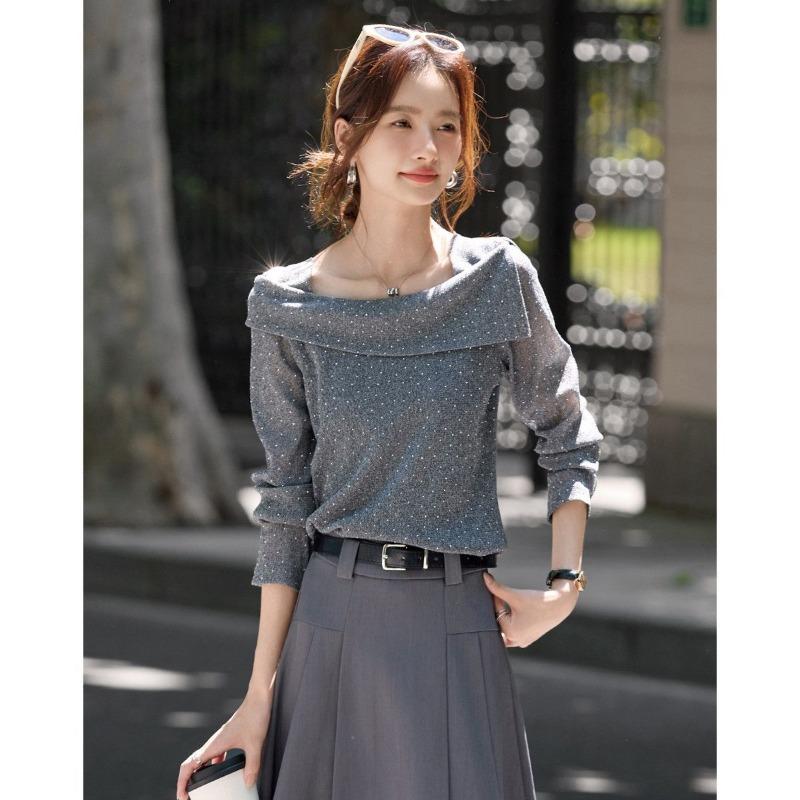 

Temperament Lapel Polka Dot Print T-shirt 25 New Autumn New Temperament Slim Long-sleeved Top L сірий колір