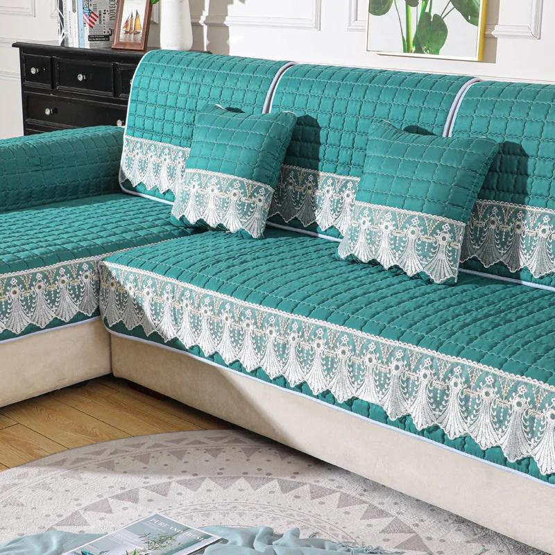 Candy Color Sofa Cover Quilted Thicken Cushion White Lace Embroidery Couch Sofa Towel Slipcover Living Room Furniture Protector