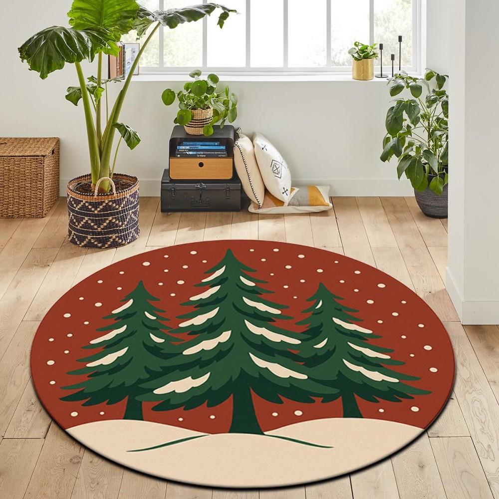 Christmas Reindeer Round Rug Red Snowflake Nordic Festive Pattern Floor Area Carpet for Home Living Room Bedroom Decor