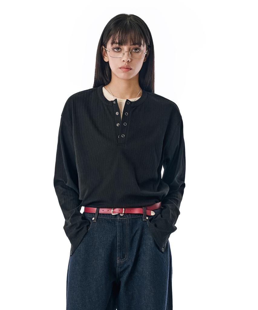 Sekeonmonollogeu Ribbed Henley Knit Long Sleeve [Black]_Sets044Black