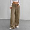 Women Pants Button Zipper Closure Straight Wide Leg Trousers with Pockets Solid Color Loose Fit Lounge Pants Daily Wear