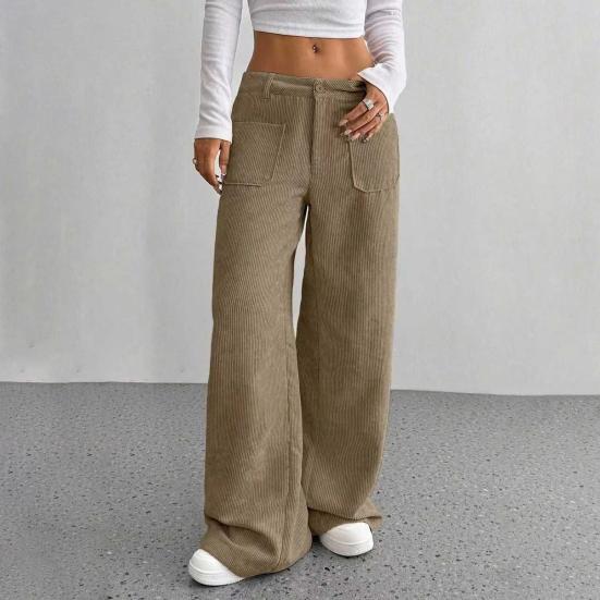 Women Pants Button Zipper Closure Straight Wide Leg Trousers with Pockets Solid Color Loose Fit Lounge Pants Daily Wear