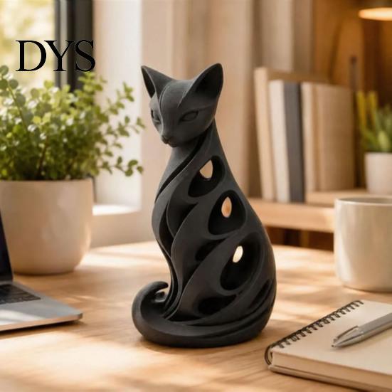 Decorative Figurines for Living Room 3D Printed Spiral Cat Figurine, Hollow Modern Abstract Sculpture Small Table Decor Coffee Desk Shelf, Minimalist