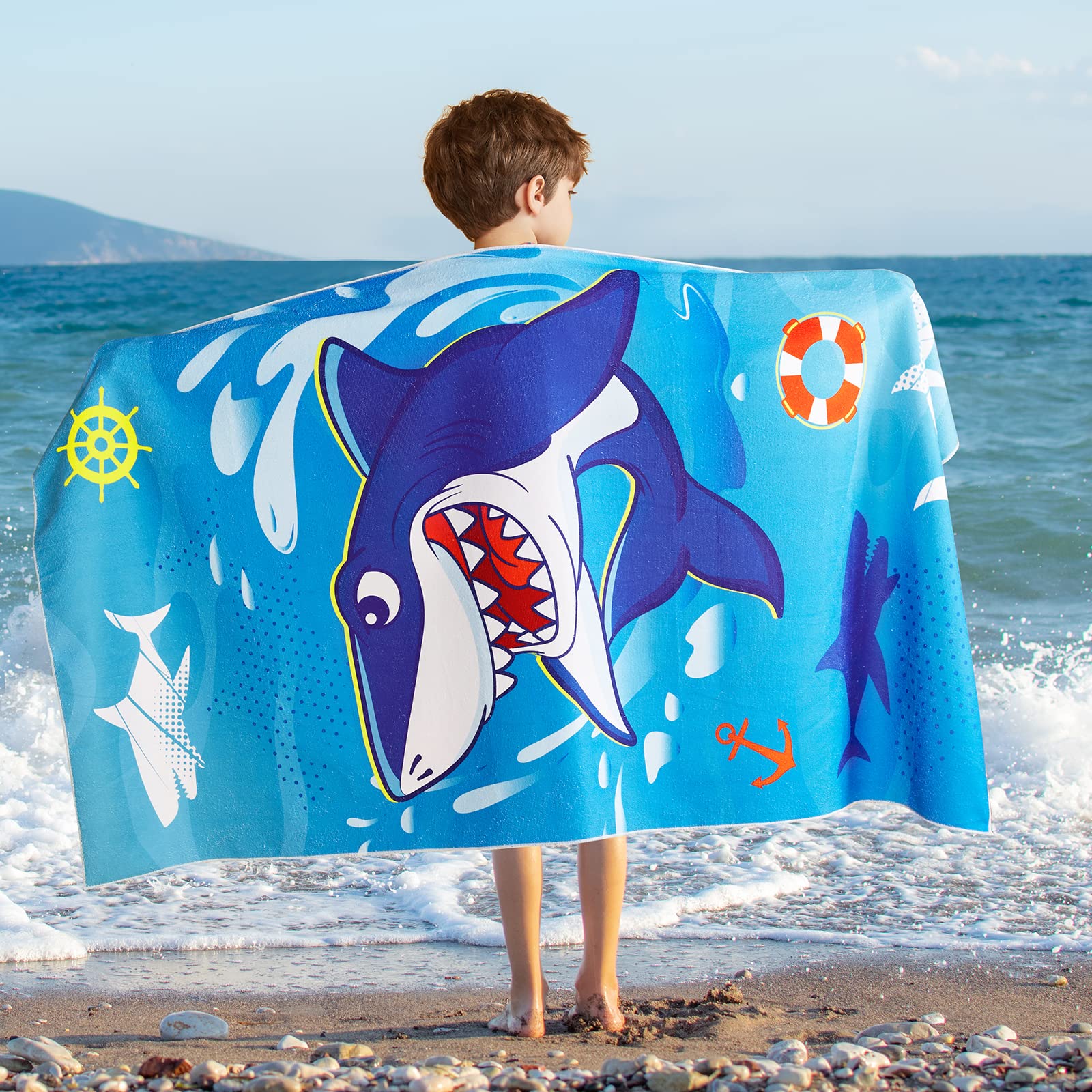

Oversized Cartoon Shark Beach Towel for Kids Quick Dry Microfiber Lightweight Pool Travel Towel for Boys W30*H60(CM)