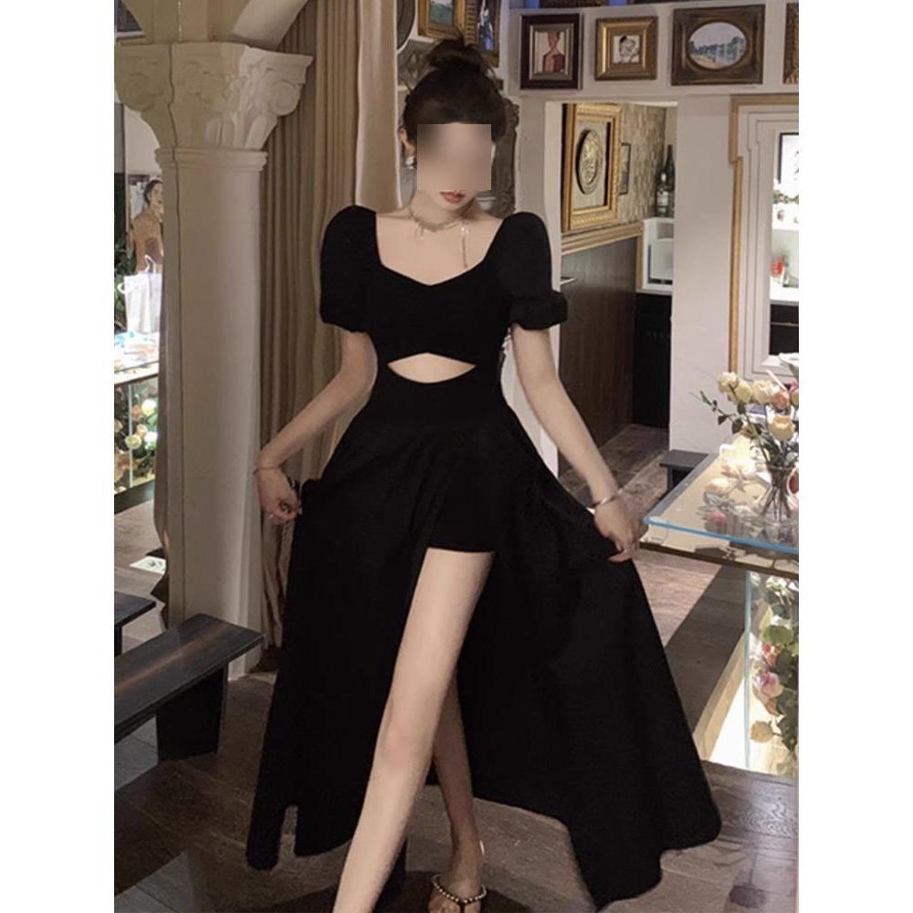 Black dress children's summer new elegant charm versatile waist thin split dress