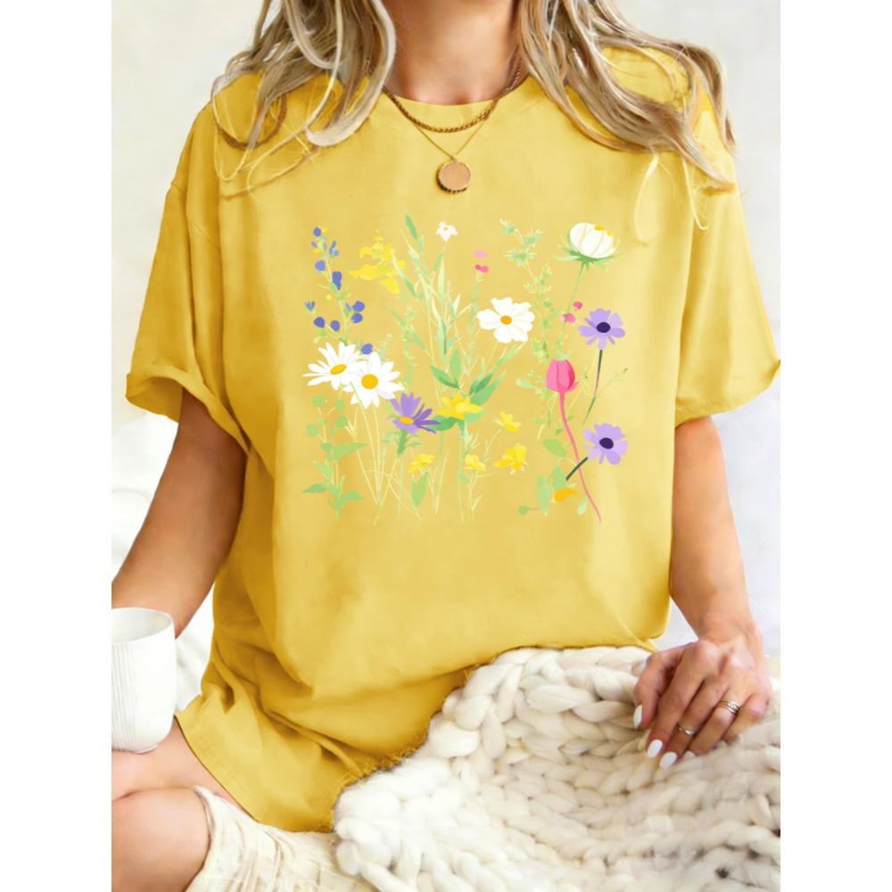 Various Flowers And Green Leaves Prints Women T Shirts Casual Sports Tops Y2K Cotton T-Shirt Oversized Short Sleeve