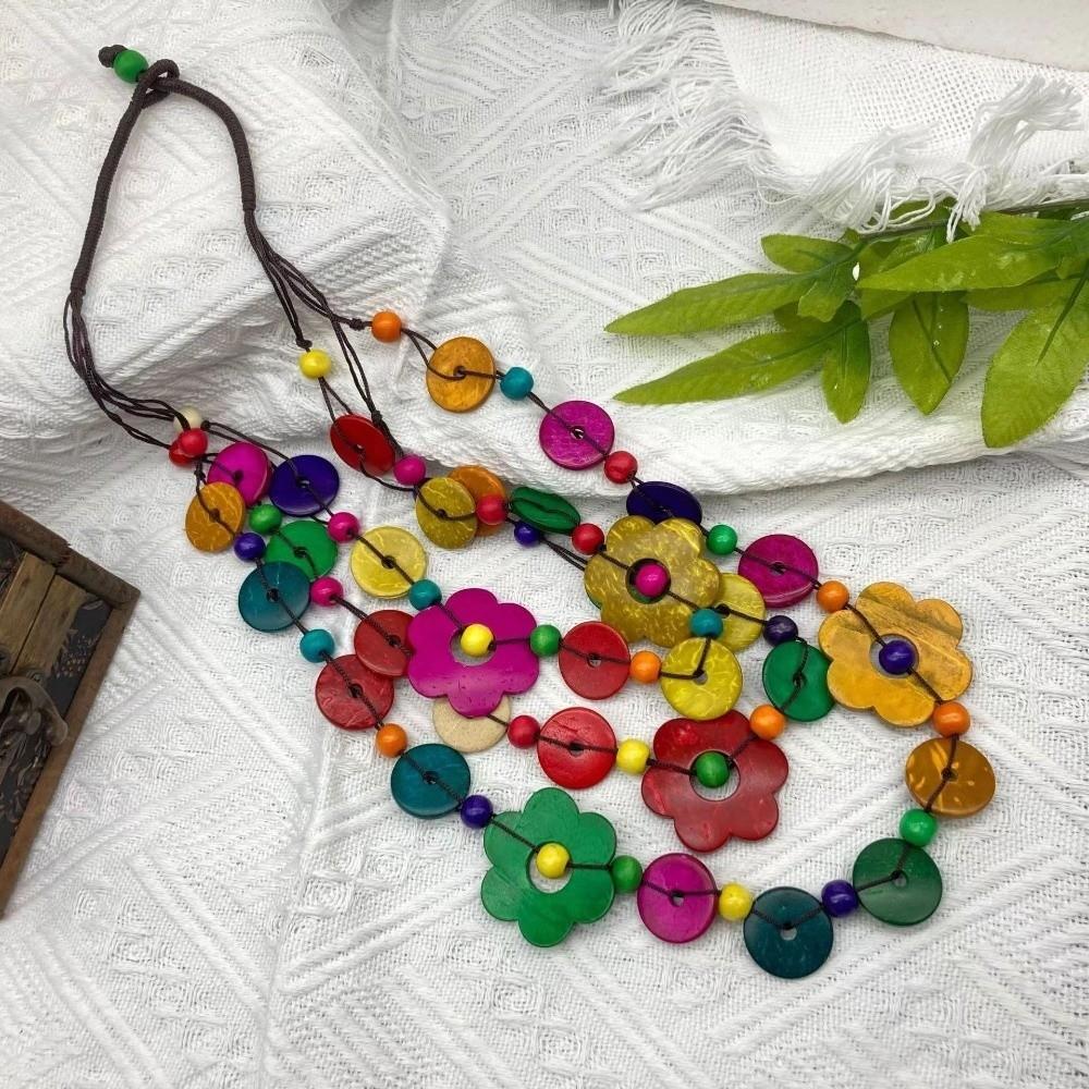 Bohemian Statement Choker Wood Pendant Flower Necklace Collar Ethnic Maxi Necklace