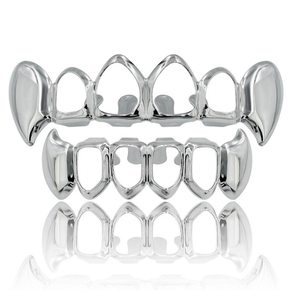 925 Sterling Silver Rapper Iced Out Hollow Design Grills Teeth Grillz Top Bottom Teeth Men Plain Hiphop Vampire Grillz for Teeth