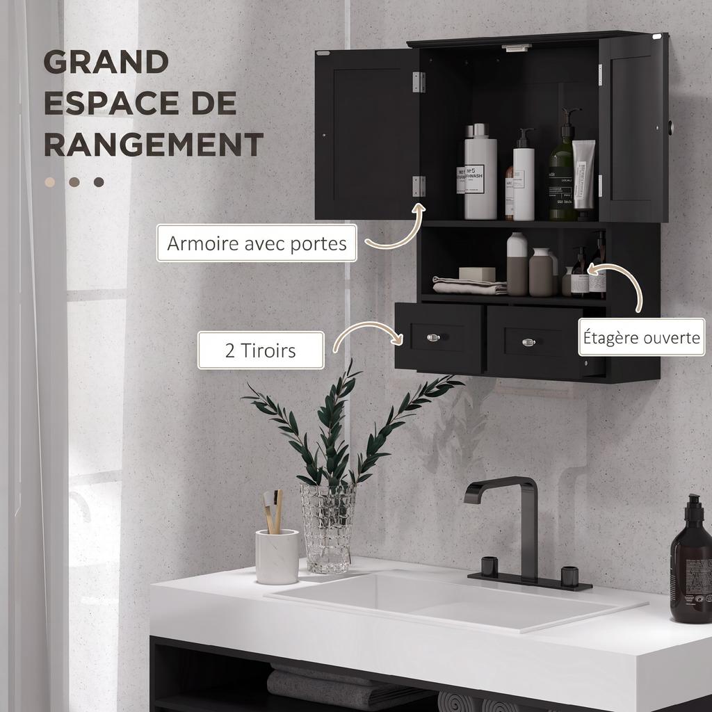 Bathroom Wall Cabinet, Vanity Unit, Doors, Shelf, 2 Drawers, 50.8 x 17.8 x 66 cm, Black