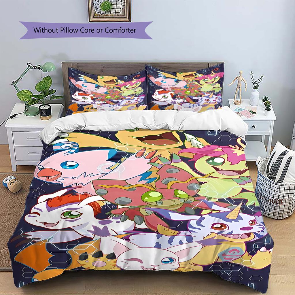 Digimon Adventure Pattern Bedding,Quilt Set Quilt Cover Pillowcase Home Birthday Gift (1 * duvet cover + 2 * pillowcase, without core)