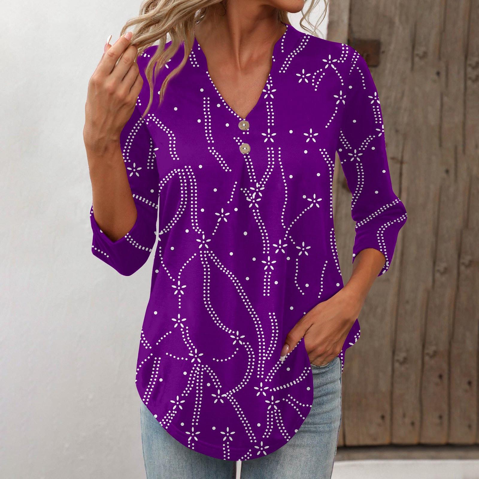 

Жіночі топи з V-подібним вирізом на гудзиках Жіночі топи з рукавами 4/3 з нерегулярним подолом Топи з рукавами 4/3 Повсякденні топи на кожен день Модні футболки з рукавами 4/3 XL фіолетовий