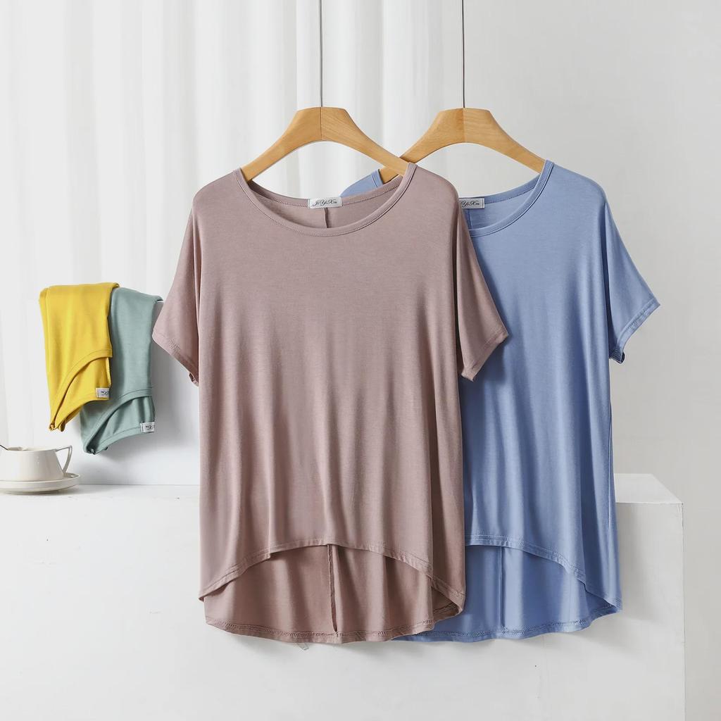 Sommar Lös Passform Modal T-shirt: Kort fram, lång bak, Plusstorlek Fladdermusärm