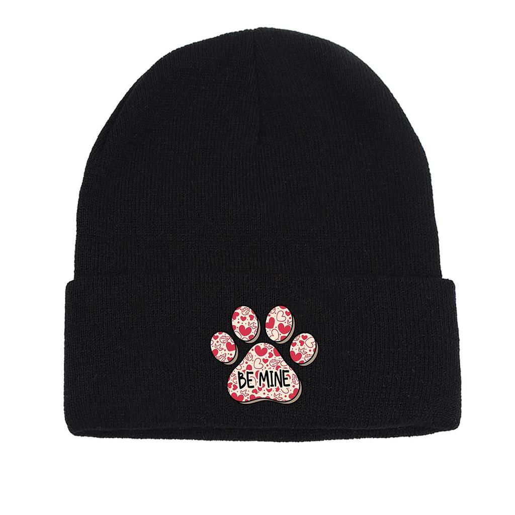 Dog Cat Paw Print Heart Knit Hat Beanie, Valentine's Day "XOXO LOVE KISS", Cozy Stylish Knitted Cap Beanie