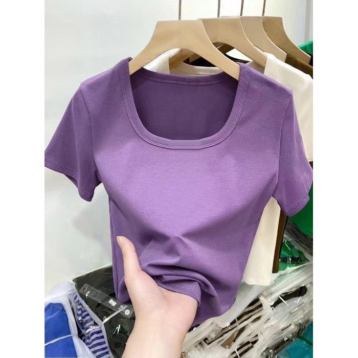 Women's Slim Fit Square Neck Short-Sleeve Tee - Summer Thin, Figure-Flattering, Pure Style, Plain Color Trendy Top