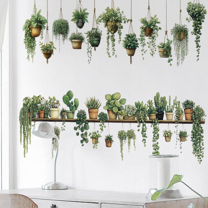 Green Potted Plant Wall Stickers for Living Room Hanging Potted Wall Decals Bedroom Home Wall Decoration Background