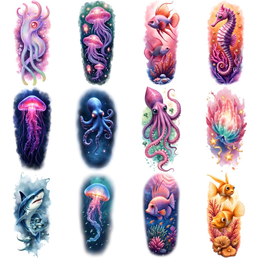 12 Stück Temporäre Tattoos Realistische Temporäre Tattoos Meeres-Thema Wassertiere Seepferdchen Für Männer Schultern Erwachsene