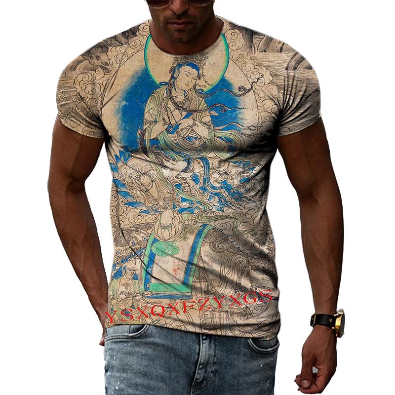 China Dunhuang Mural Art 3D Harajuku Printed Men's And Women's Summer Short-Sleeved Round Neck Literary Fashion T-shirt Top