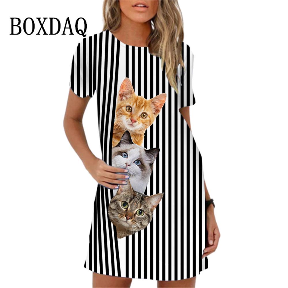 

Summer New Casual Loose O-neck Short-sleeved Mini Dress Ladies Beach Wear Elegant Cute Cat Print A-line Dress S