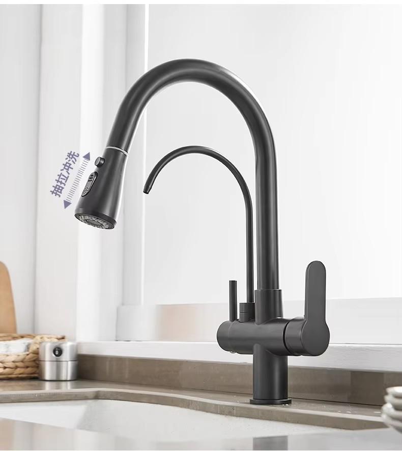 Matte Black Kitchen Faucet with Pure Water Function Dual Handle Tap Deck Mounted 360 Rotation Pull Out Hot Cold Mixer Taps