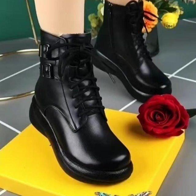 Retro Brown Women's Leather Boots Warm Flat Comfortable Fashionable Non-slip Snow Boots Slim Side Zipper Lace Up Women Shoes