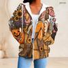 Women Plus Size Zip Up Hoodie Cute Bat Cat Pumpkin Floral Bow Print Long Sleeve Casual Hooded Sweatshirt