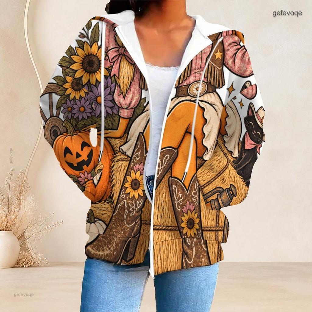 Women Plus Size Zip Up Hoodie Cute Bat Cat Pumpkin Floral Bow Print Long Sleeve Casual Hooded Sweatshirt