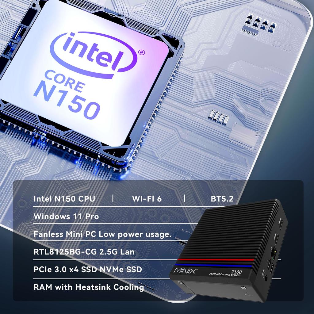 MINIX NEO Fanless Mini PC with Intel 16GB 512GB PCIe Gen3 X 4 NVMe Windows 11 Quiet 4K Dual Display USB VESA Ideal for Office and Business and Auto
