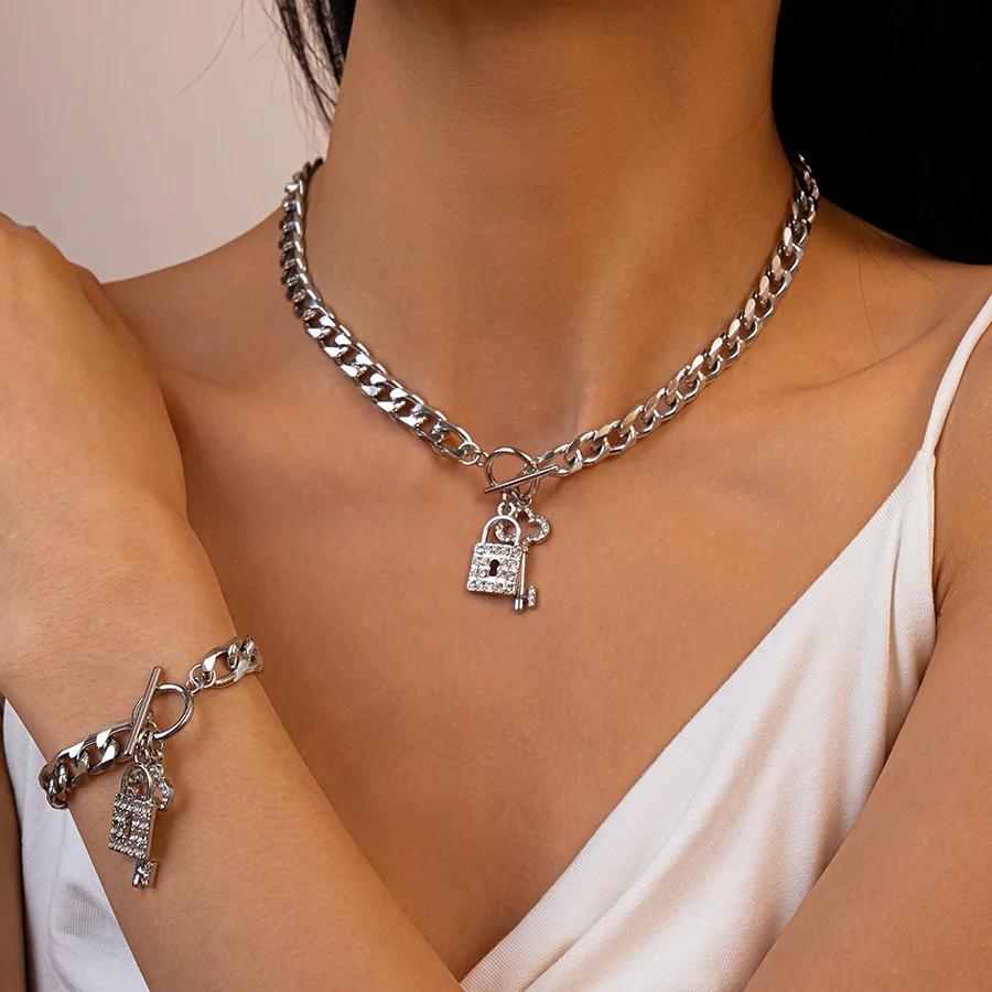 3 Pcs Inlaid Rhinestone Key Lock OT Pendant Zircon Sets for Women Light Luxury 2025 Fashion Exaggerated Necklace Bracelet Set
