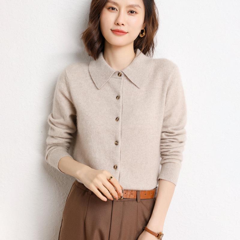 Women`s Elegant Polo Collar Cashmere Cardigan