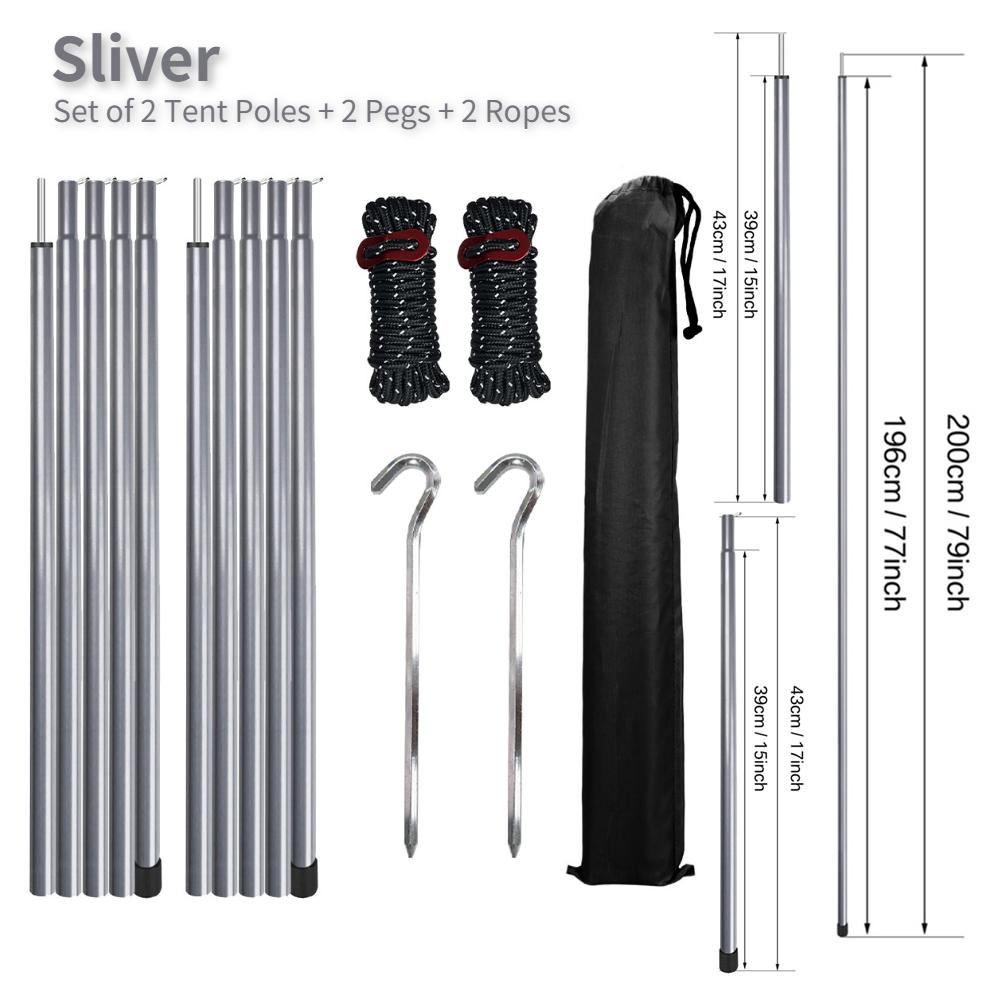 Set of 2 Tent Poles Adjustable Tarp Poles Steel Rods for Sun Shelter Tarp Canopy Camping Replacement With Pegs & Ropes
