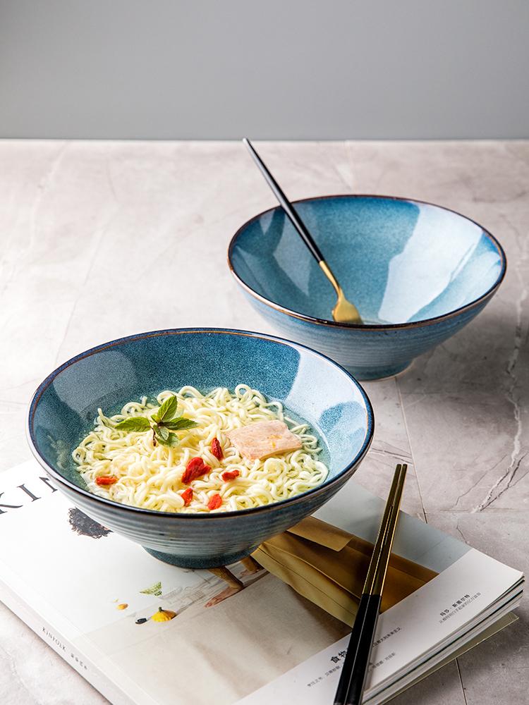 Creative Thread 8-inch ramen kom Huishoudelijke keramische soepkom Retro bamboe hoed kom Commerciële grote eetkom