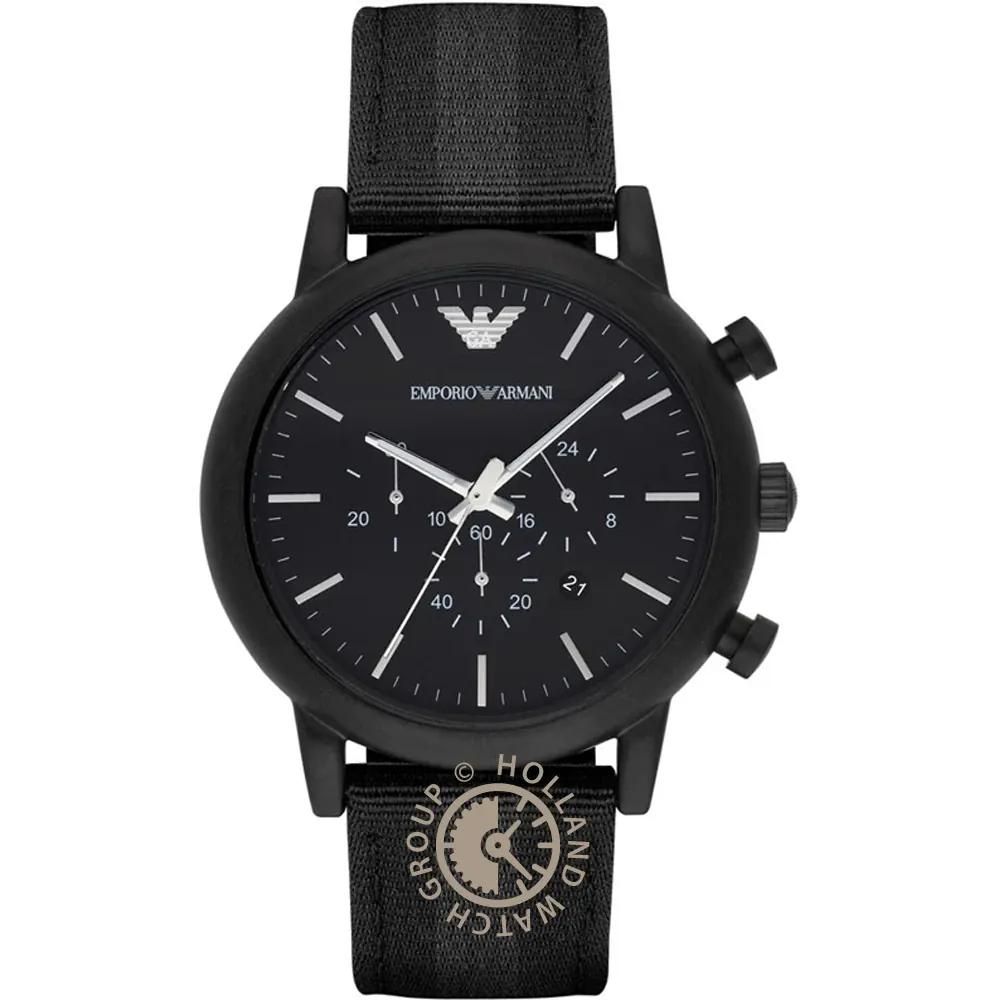 

Emporio Armani AR1948 Men s Black Quartz Chronograph Watch with Black Textile Over Leather Strap чёрный