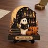 Oggetti di Scena Fotografici Stagionali Autunnali, Statuetta Fantasma Lettore di Halloween, Statua in Legno Retrò, Ornamento Decorativo Vintage per Scrivania e Libreria con Libri Impilati per