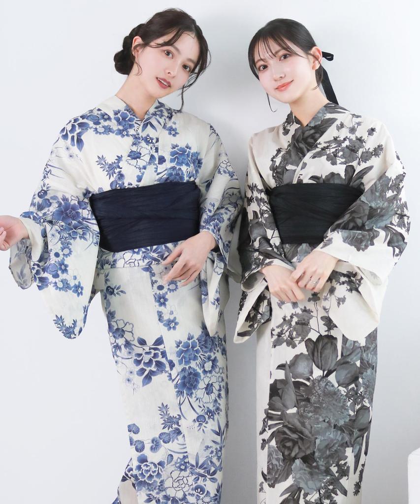 Yukata Unique Natural Set AB Flower Free [KYOETSU] Set, Weave, White, Two-Piece 3-Piece (Yukata, Obi, Geta), Women's (Ultramarine Garden, Size)