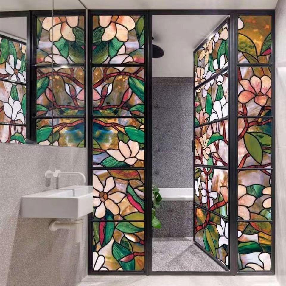 Static-Free Frosted Glass Privacy Film - Opaque, Light-Transmitting Sticker with Floral and Brocade Design