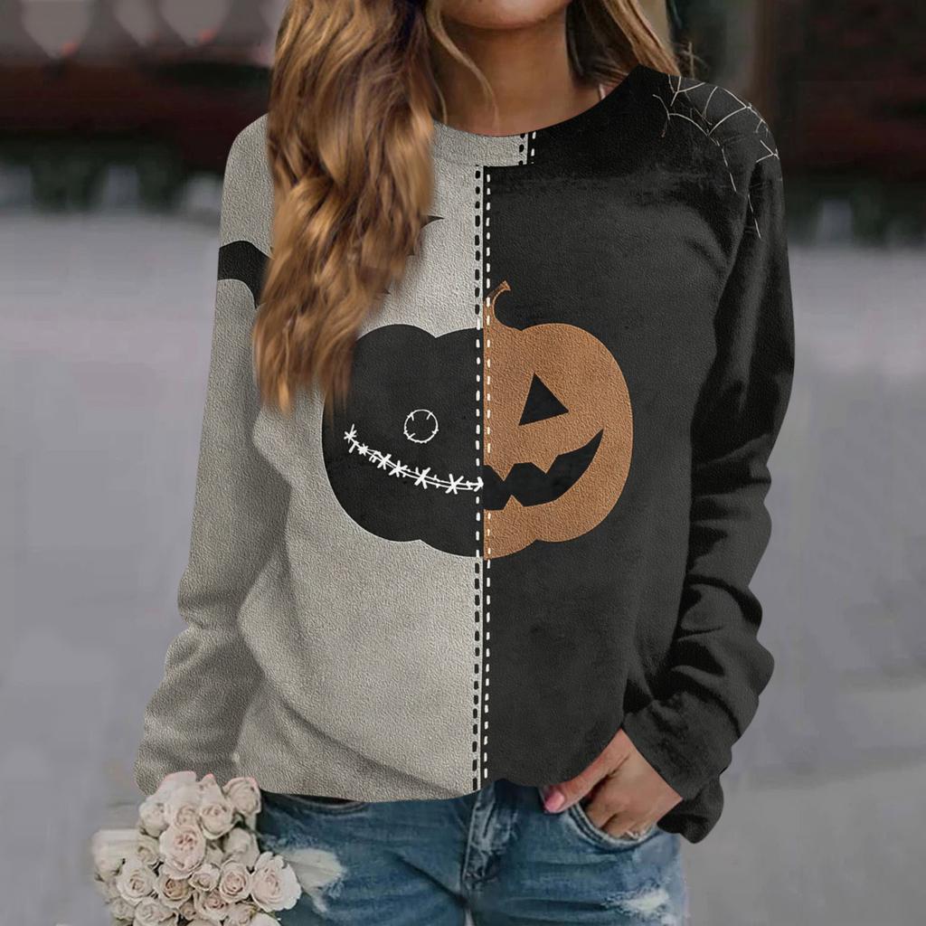 Women's Casual Long Sleeve Neck Halloween Print Sweatshirt Top