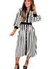 2025 Winter Stripe Print Lapel Shirt Dress for Women - Elegant European & American Style, Waist-Cinching Design
