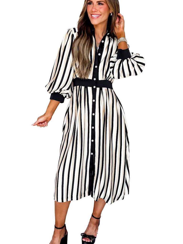 2025 Winter Stripe Print Lapel Shirt Dress for Women - Elegant European & American Style, Waist-Cinching Design