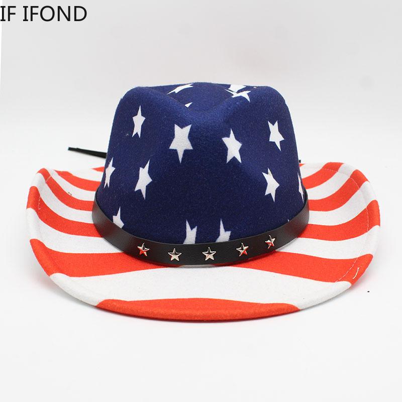 New USA Flag Print Western Cowboy Hat For Women's Men Fashion Party Panama Fedoras Hat Cowgirl Felt Jazz Cap
